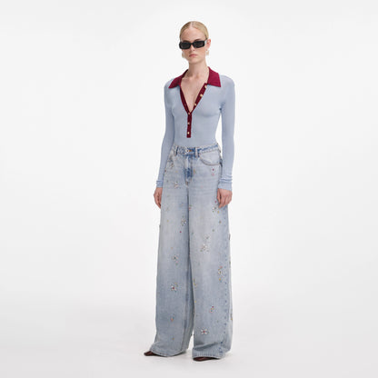 Blue Viscose Knit Bodysuit