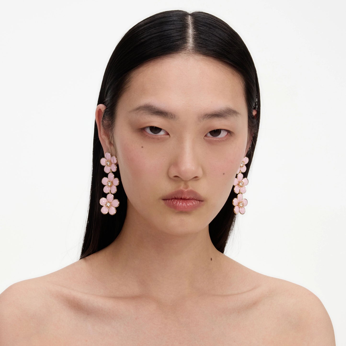 Pink Enamel Flower Tiered Earrings