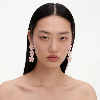 Pink Enamel Flower Tiered Earrings