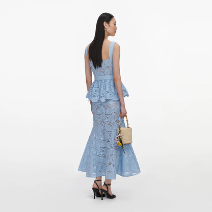 Blue Lace Peplum Midi Dress