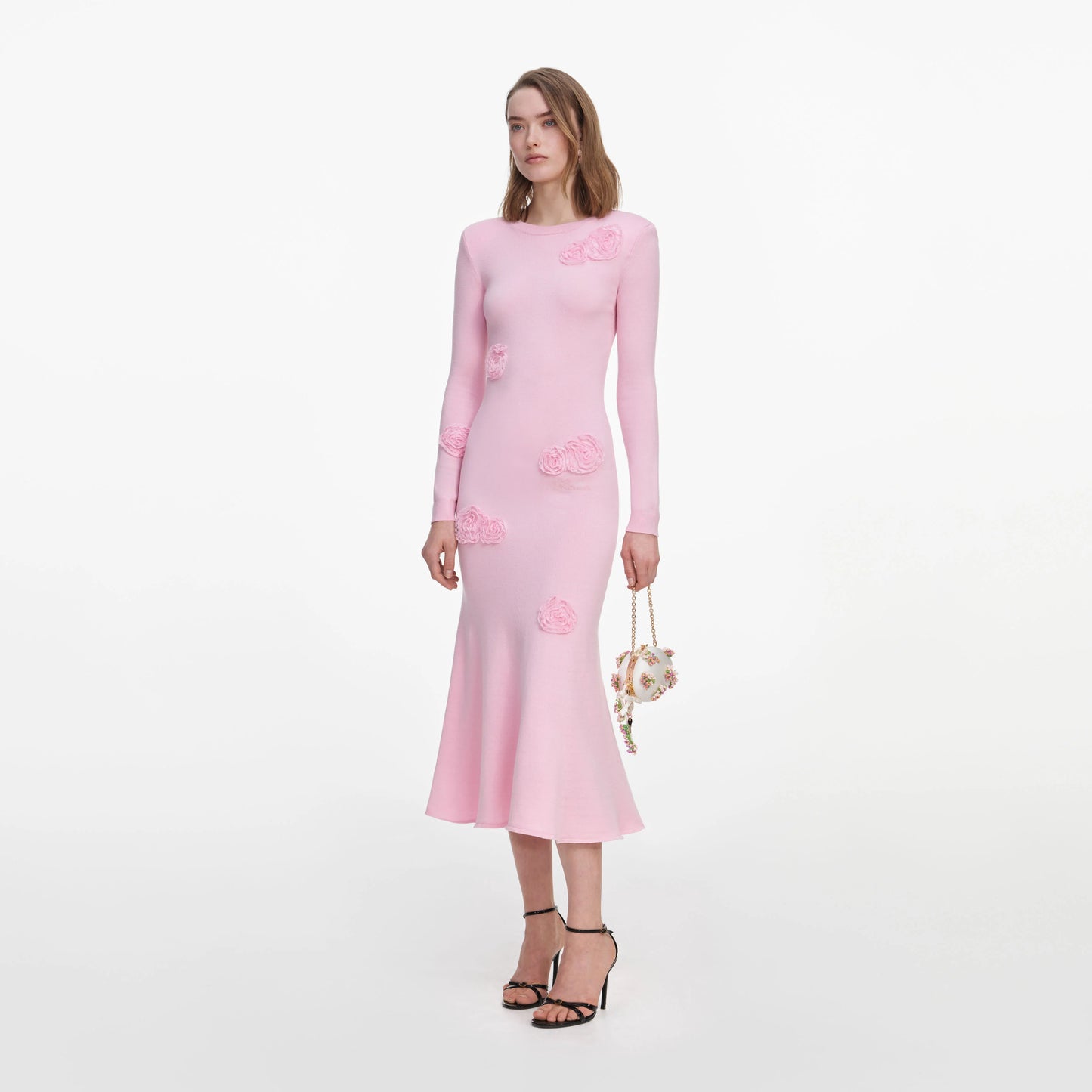 Pink Flower Knit Midi Dress