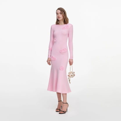 Pink Flower Knit Midi Dress