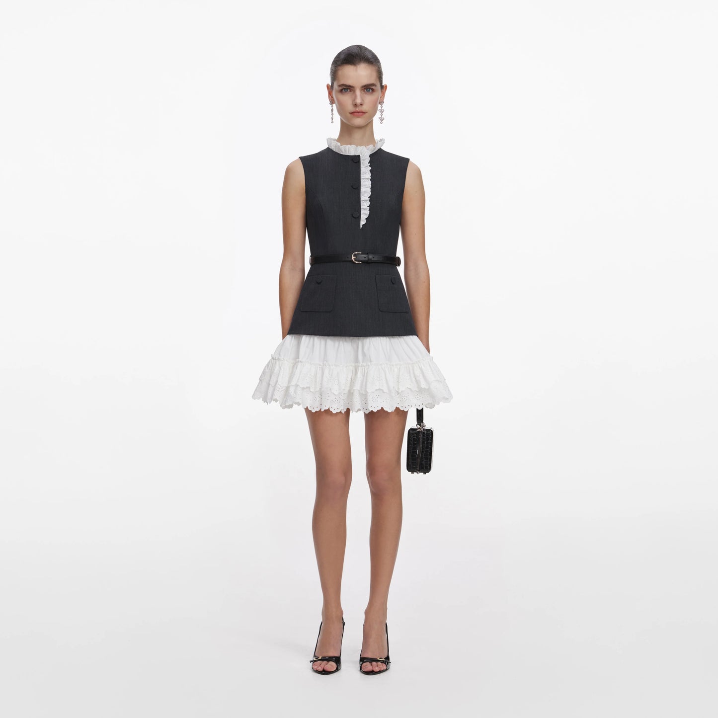 Grey Tailored Cotton Frill Mini Dress