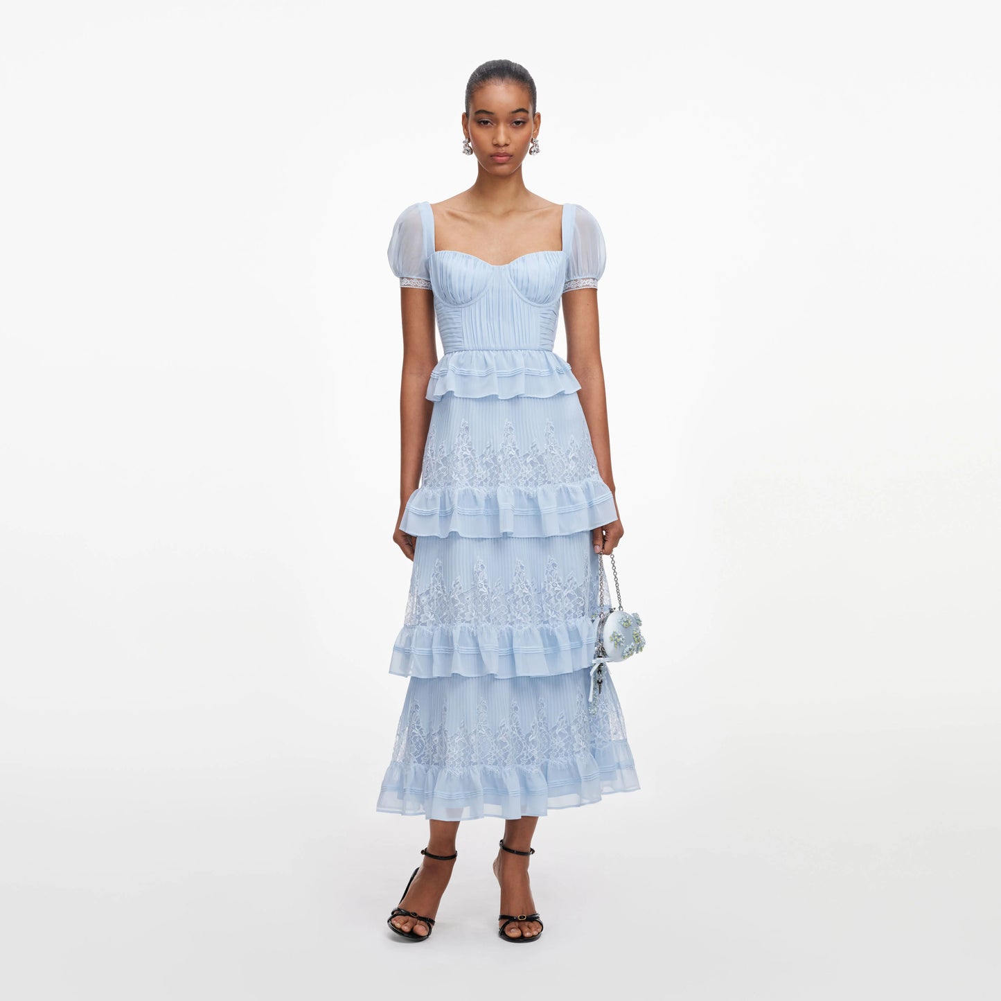 Blue Chiffon Short Sleeve Midi Dress