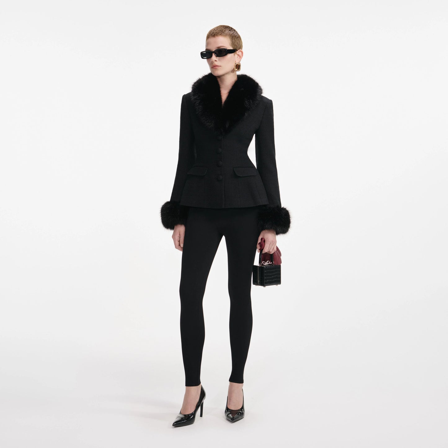 Black Tailored Boucle Fur Jacket
