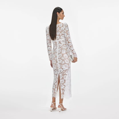 White Floral Lace Midi Dress
