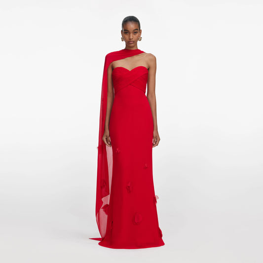 Red Georgette Flower Maxi Dress
