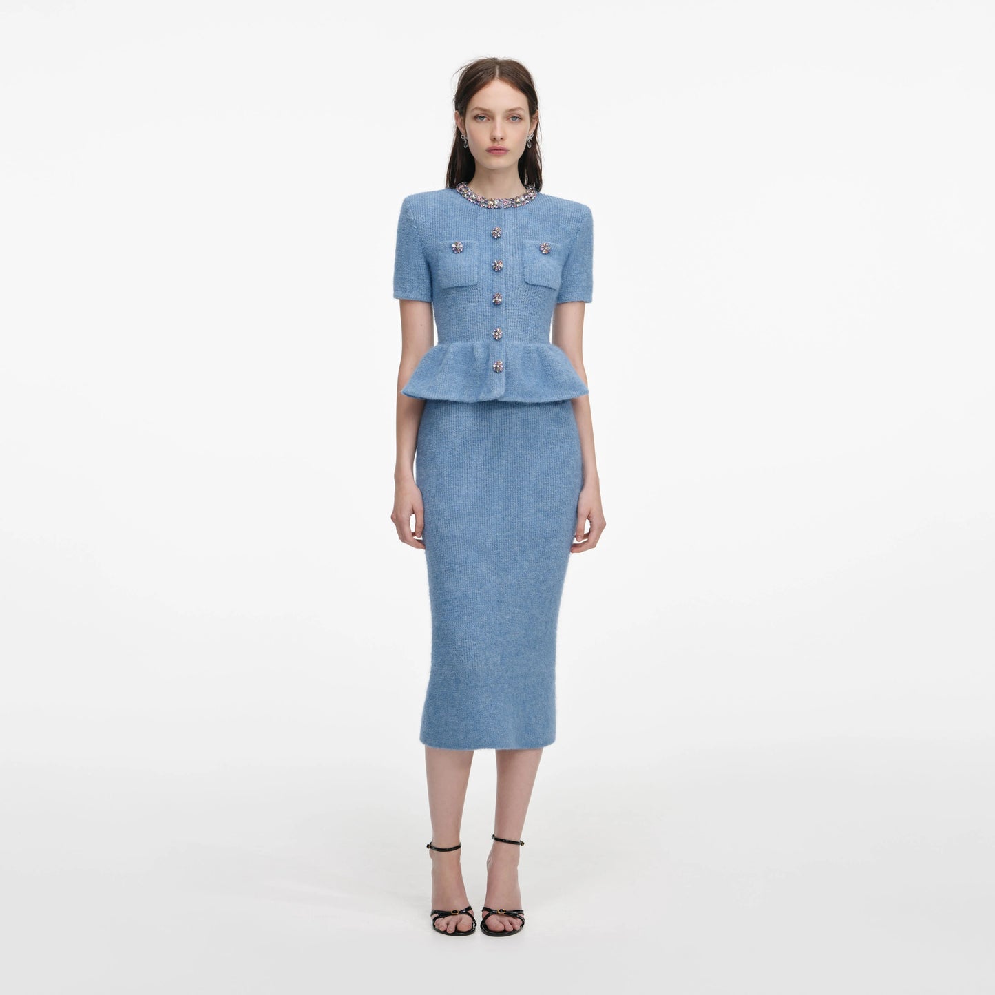 Blue Peplum Knit Midi Dress