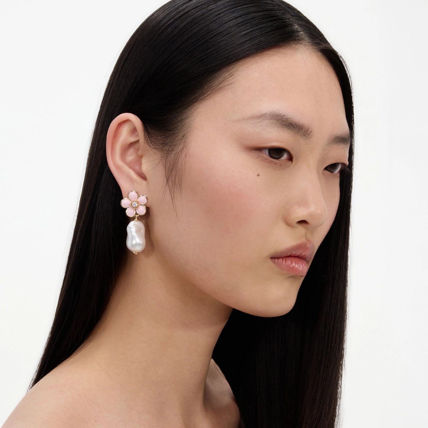 Pink Flower Pearl Drop Earrings