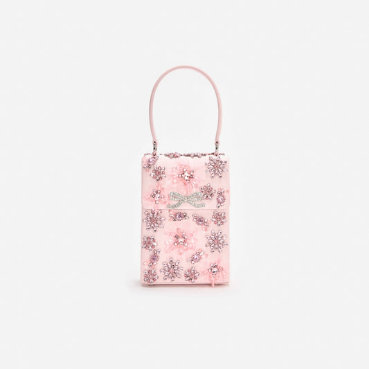 Pink Satin Floral Crystal Mini Bag
