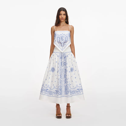 White And Blue Embroidered Midi Skirt