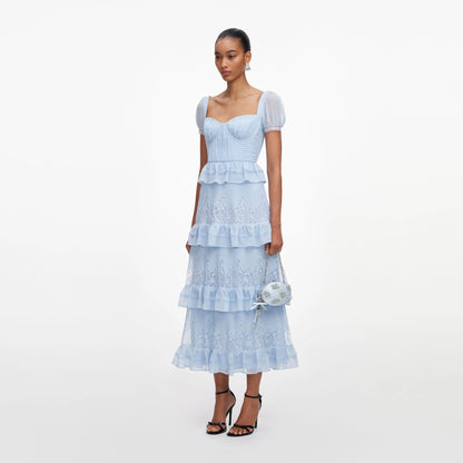 Blue Chiffon Short Sleeve Midi Dress