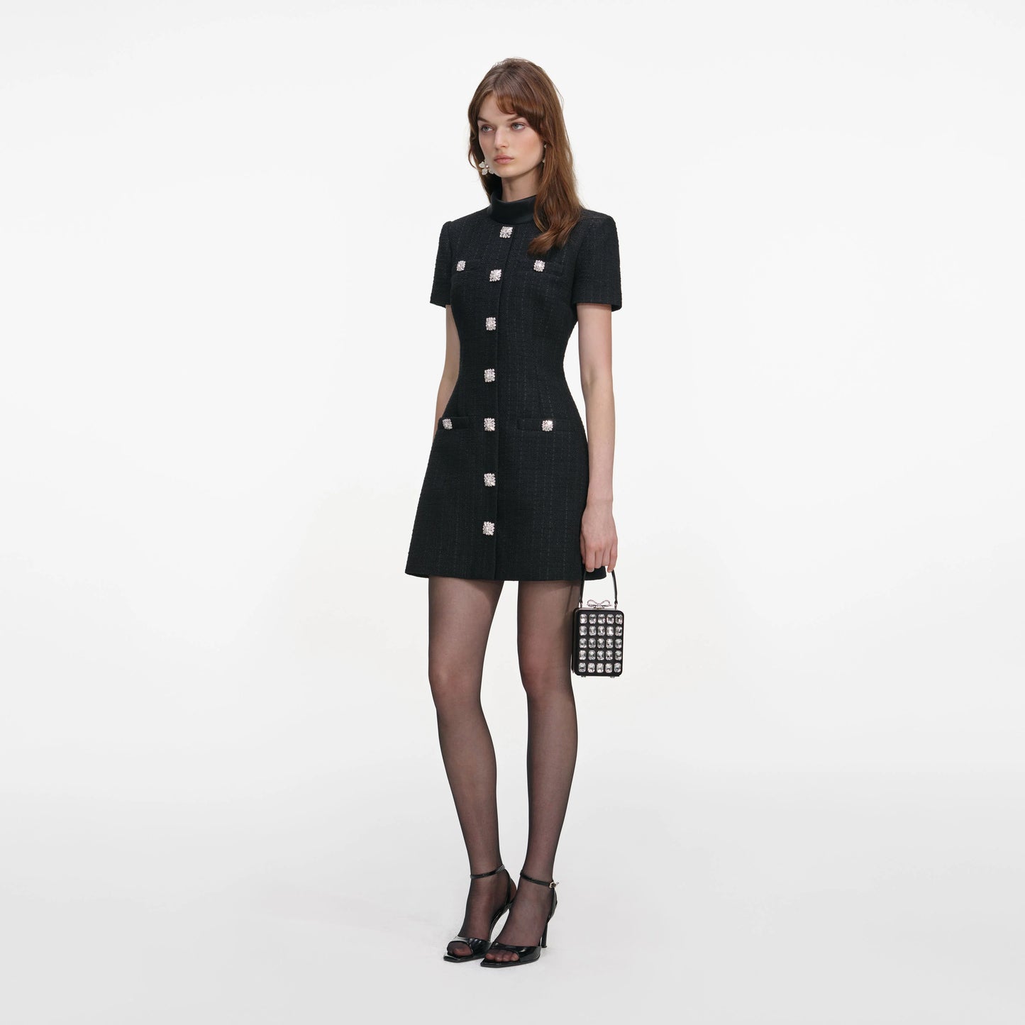 Black Boucle Collared Mini Dress