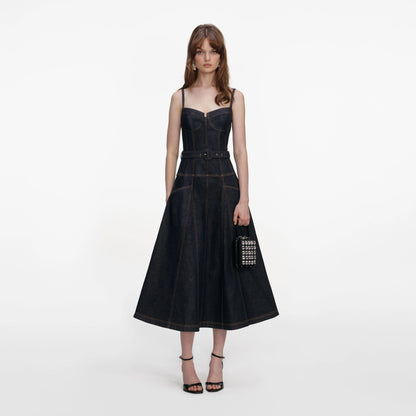 Indigo Denim Flared Midi Dress