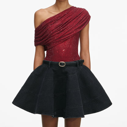 Burgundy Rhinestone Drape Top