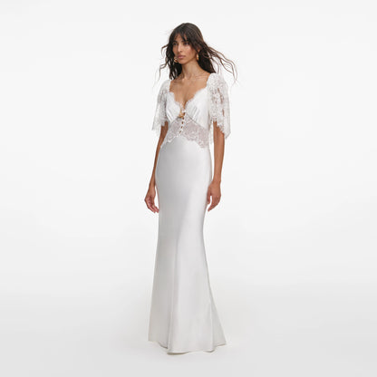 White Fine Lace Satin Maxi Dress