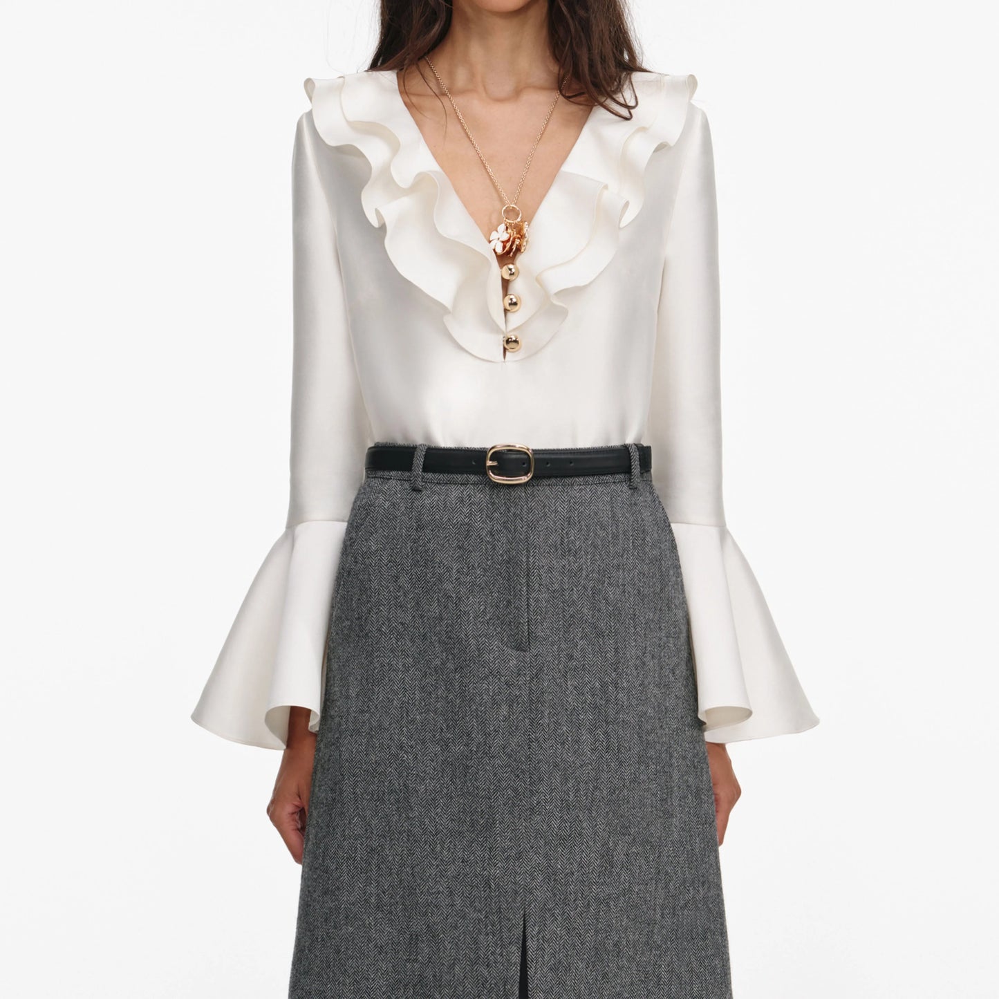 Grey Herringbone Midi Skirt