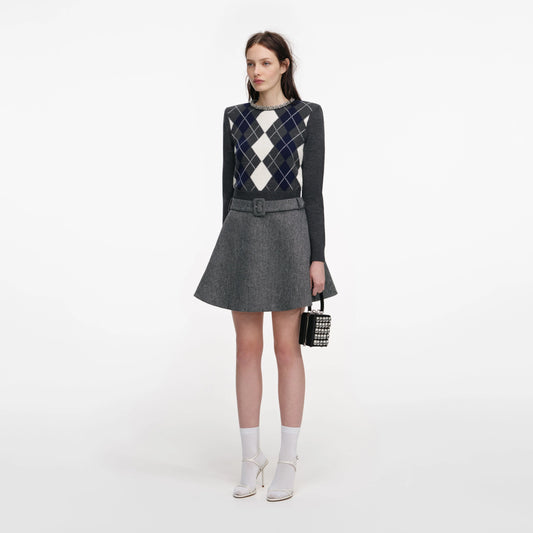 Grey Herringbone Flared Mini Skirt