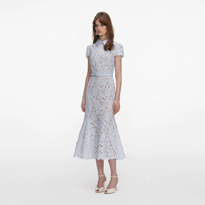Blue Guipure Lace Midi Dress
