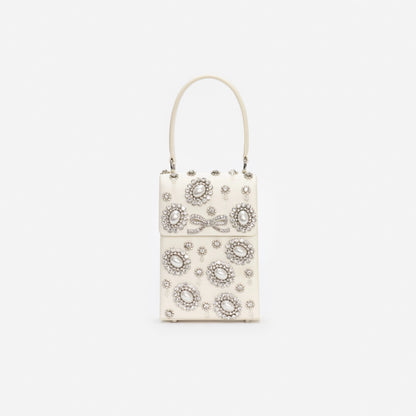 Cream Satin Crystal Mini Bow Bag
