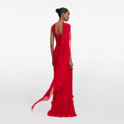 Red Georgette Flower Maxi Dress