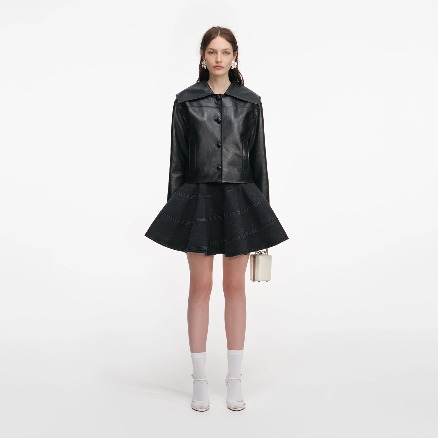 Black Leather Contrast Collar Jacket