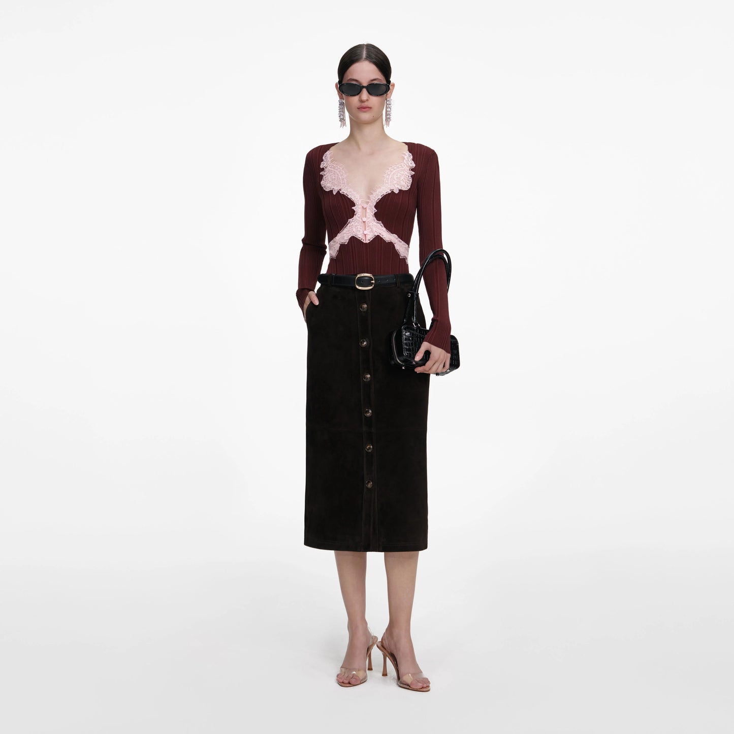 Brown Contrast Lace Knit Top