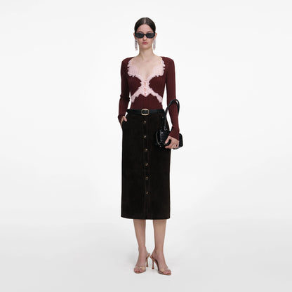 Brown Contrast Lace Knit Top