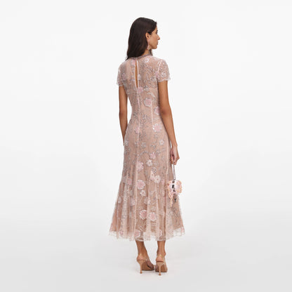 Pink Flower Sequin Embellished Midi Dress