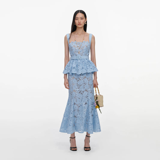 Blue Lace Peplum Midi Dress