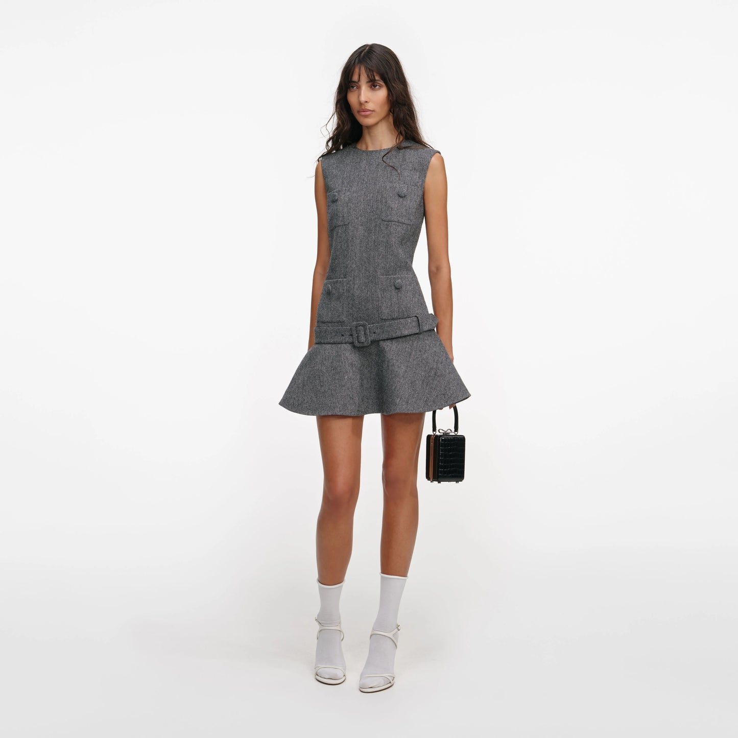 Grey Herringbone Flared Mini Dress