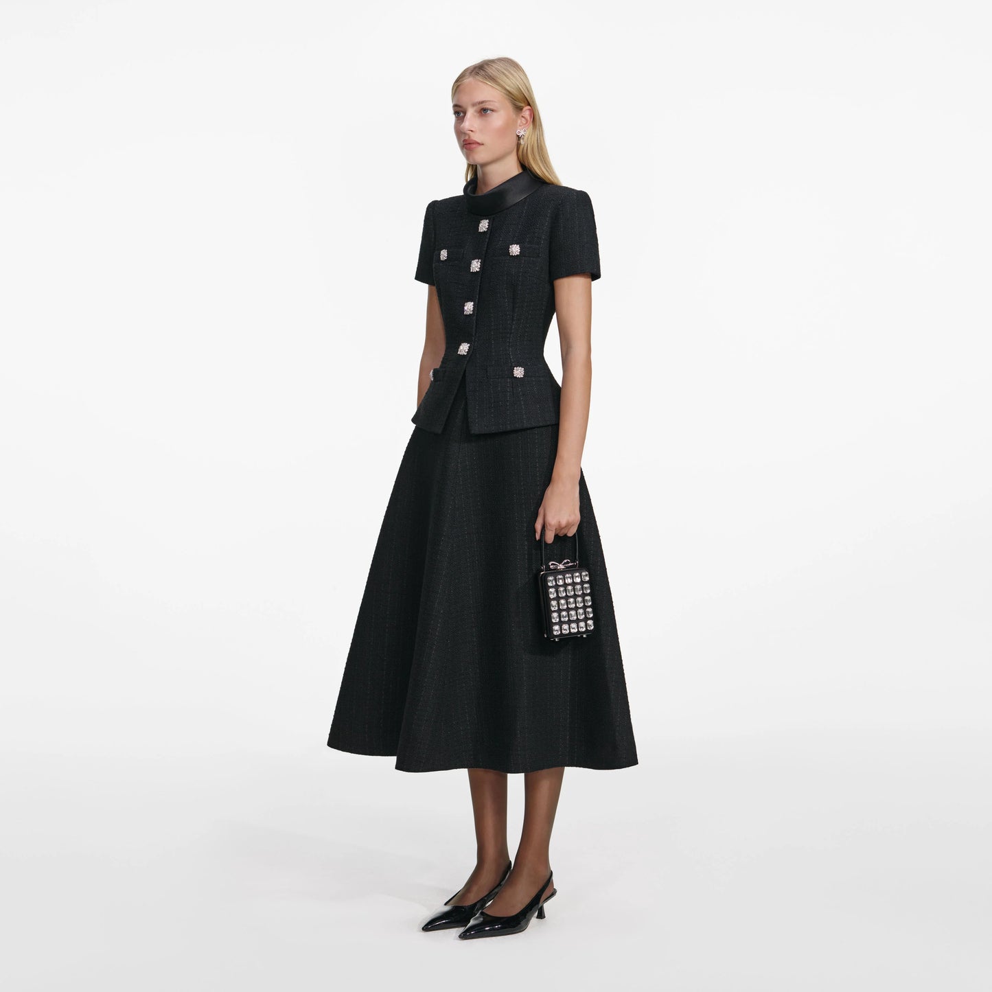 Black Boucle Collared Midi Dress