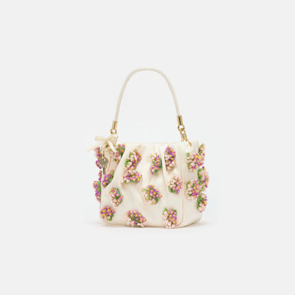 Cream Satin Floral Beaded Tote Bag