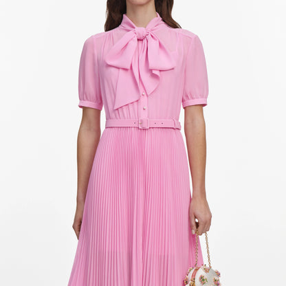 Pink Georgette Tie Neck Midi Dress