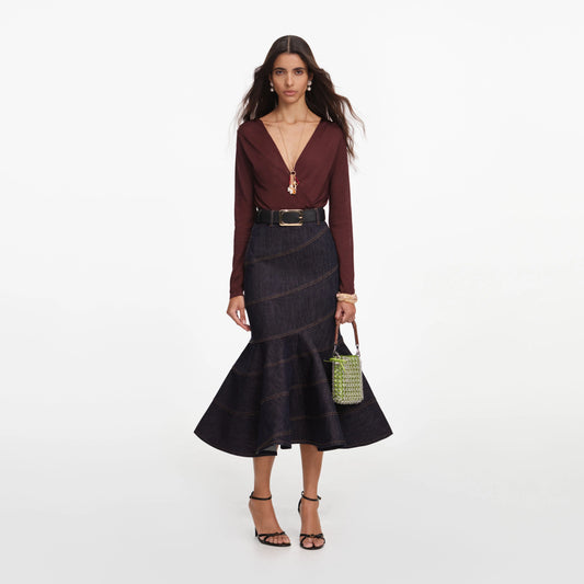 Indigo Denim Belted Midi Skirt