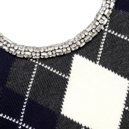 Grey Argyle Crystal Trim Jumper
