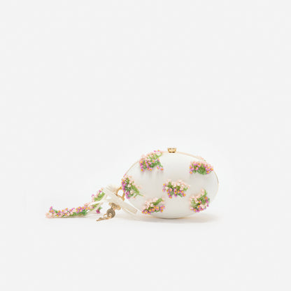 Cream Satin Pink Floral Beaded Oval Clutch