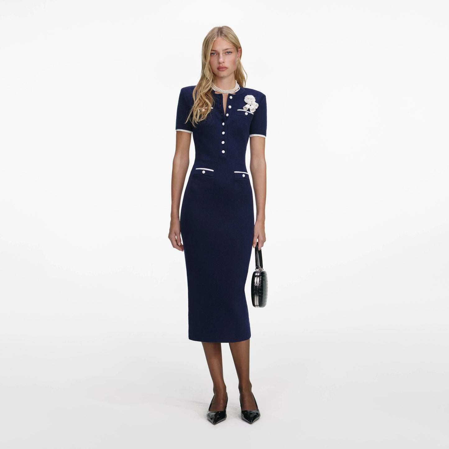 Navy Crochet Flower Knit Midi Dress