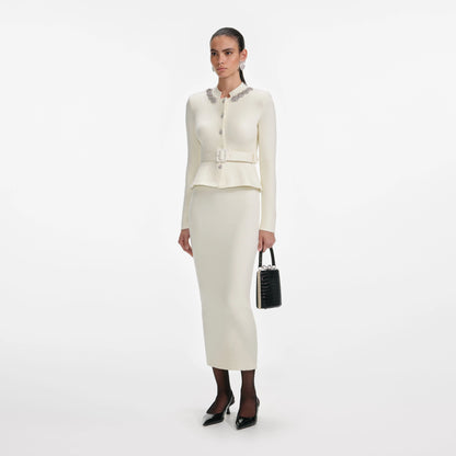 Cream Wool Peplum Knit Midi Dress