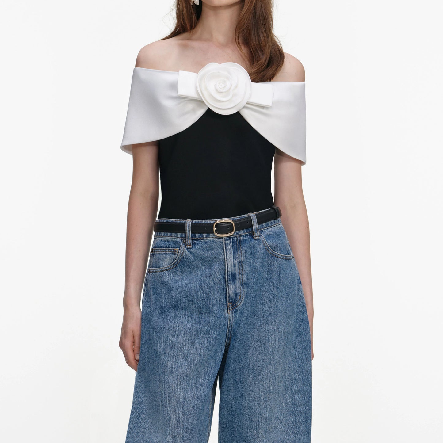 Black Crepe Flower Top