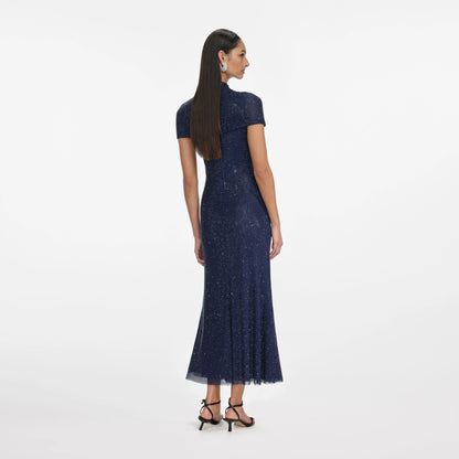 Navy Rhinestone Mesh Cut Out Midi Dress