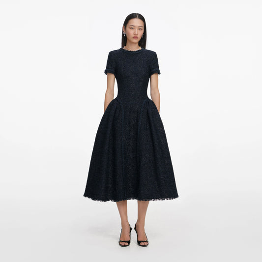 Navy Metallic Boucle Midi Dress