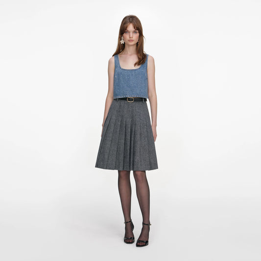Grey Herringbone Pleated Midi Skirt