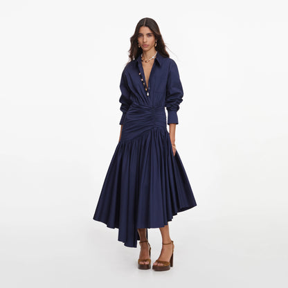 Navy Cotton Asymmetric Midi Dress
