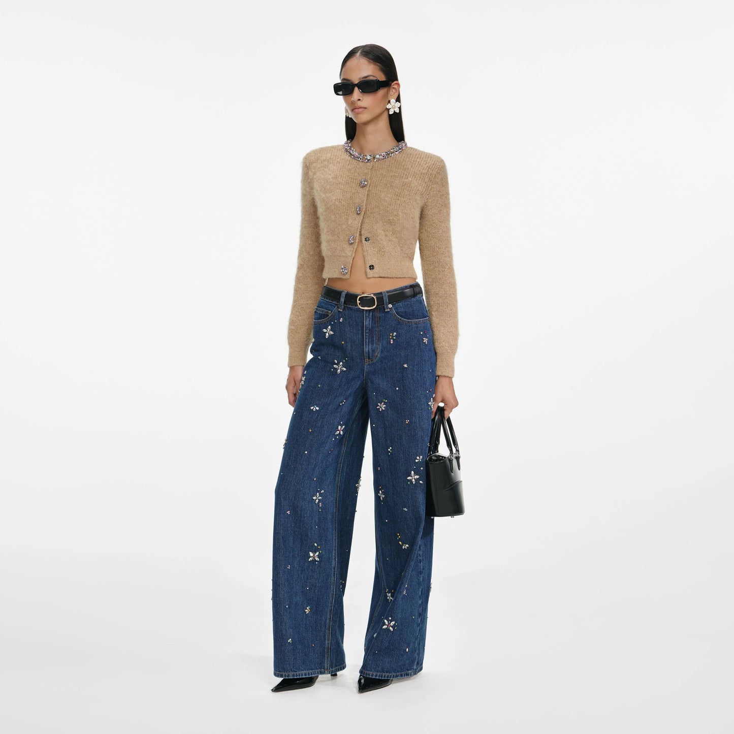 Blue Embellished Wide Leg Jeans