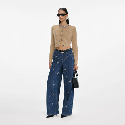Blue Embellished Wide Leg Jeans