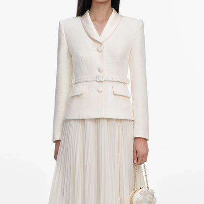 Cream Boucle Shawl Collared Midi Dress