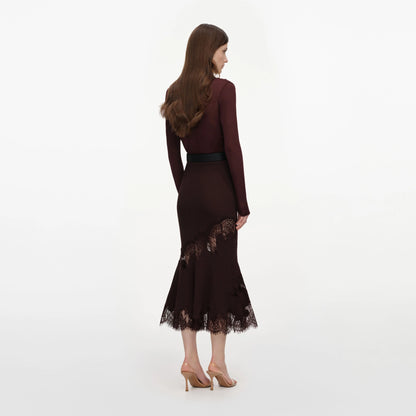 Brown Ribbed Knit Midi Skirt