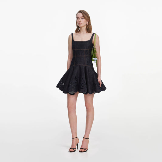 Indigo Denim Bow Embroidered Mini Dress