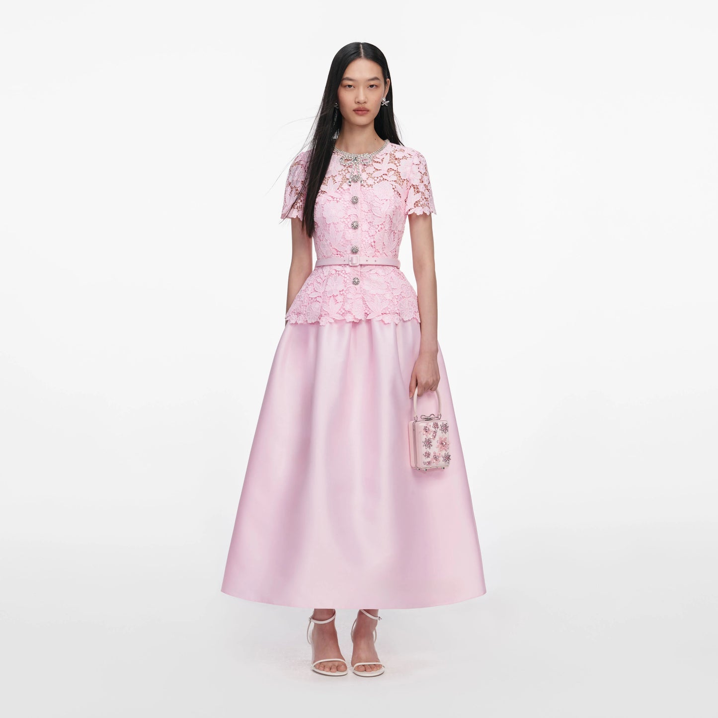 Pink Lace Taffeta Midi Dress